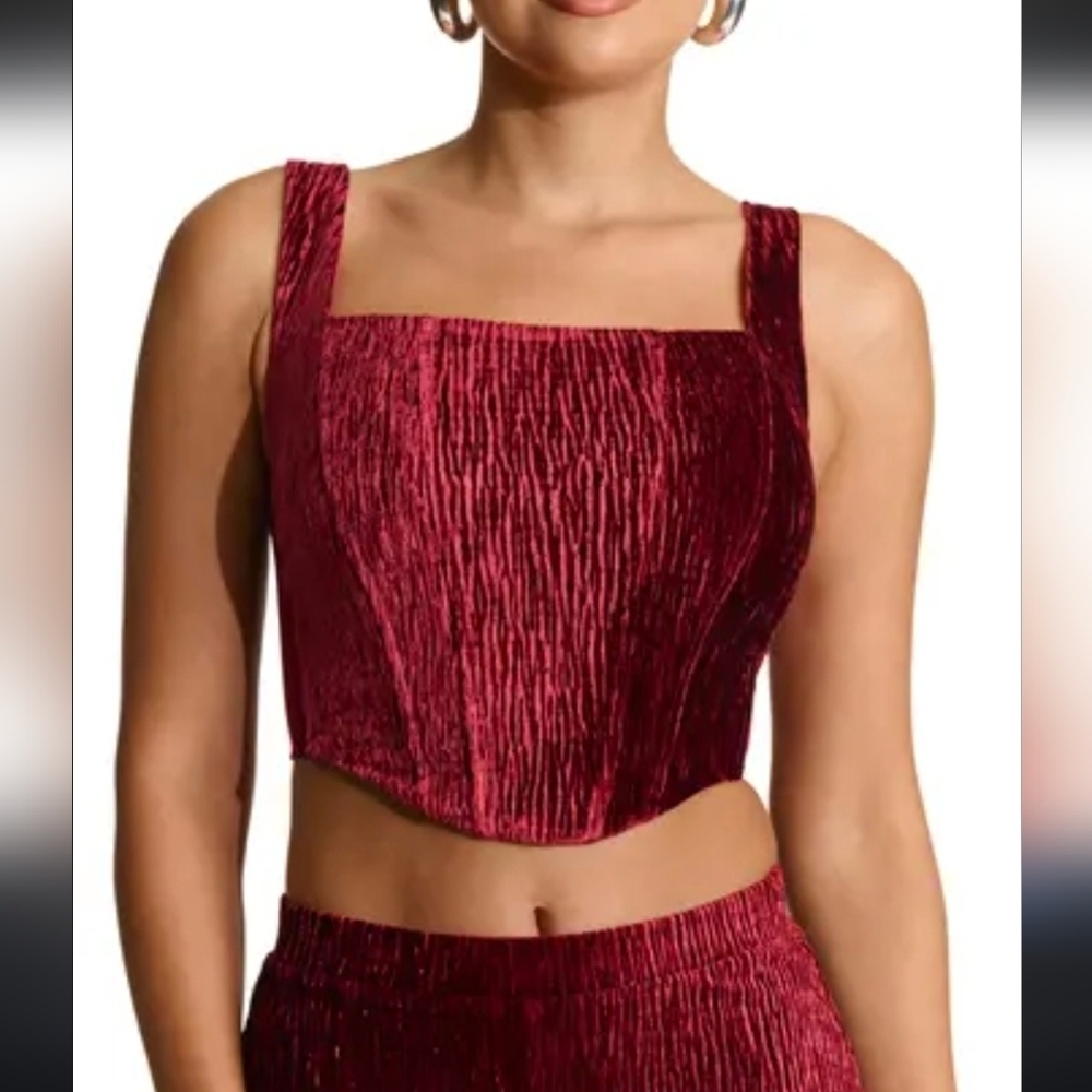 N By Naked Wardrobe Boned Plush Velvet Bustier Crop Tank Top In Wine Size XL